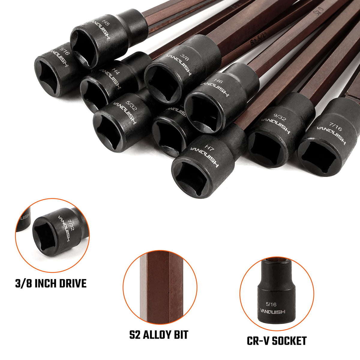 VANQUISH 20-Piece Extra Long Hex Bit Socket Set, 3/8 Inch Drive Allen Socket Set, Metric 3-12mm | SAE 1/8-Inch - 7/16-Inch 8998