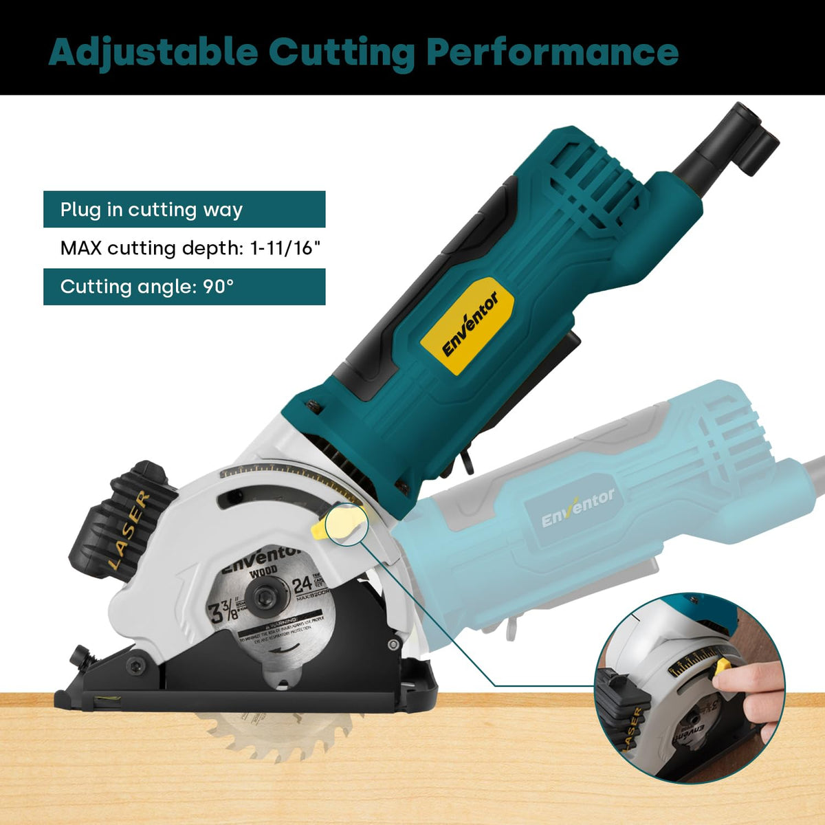 Enventor Mini Circular Saw – 4.8A Corded, Laser Guide, 4000 RPM, 1-1/16-in Depth, 3 Blades