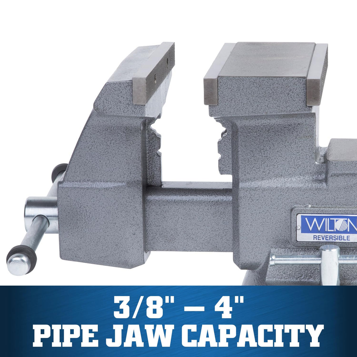 Wilton reversible bench vise 360-degree swivel base for flexible positioning during projects.