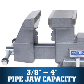 Wilton reversible bench vise 360-degree swivel base for flexible positioning during projects.