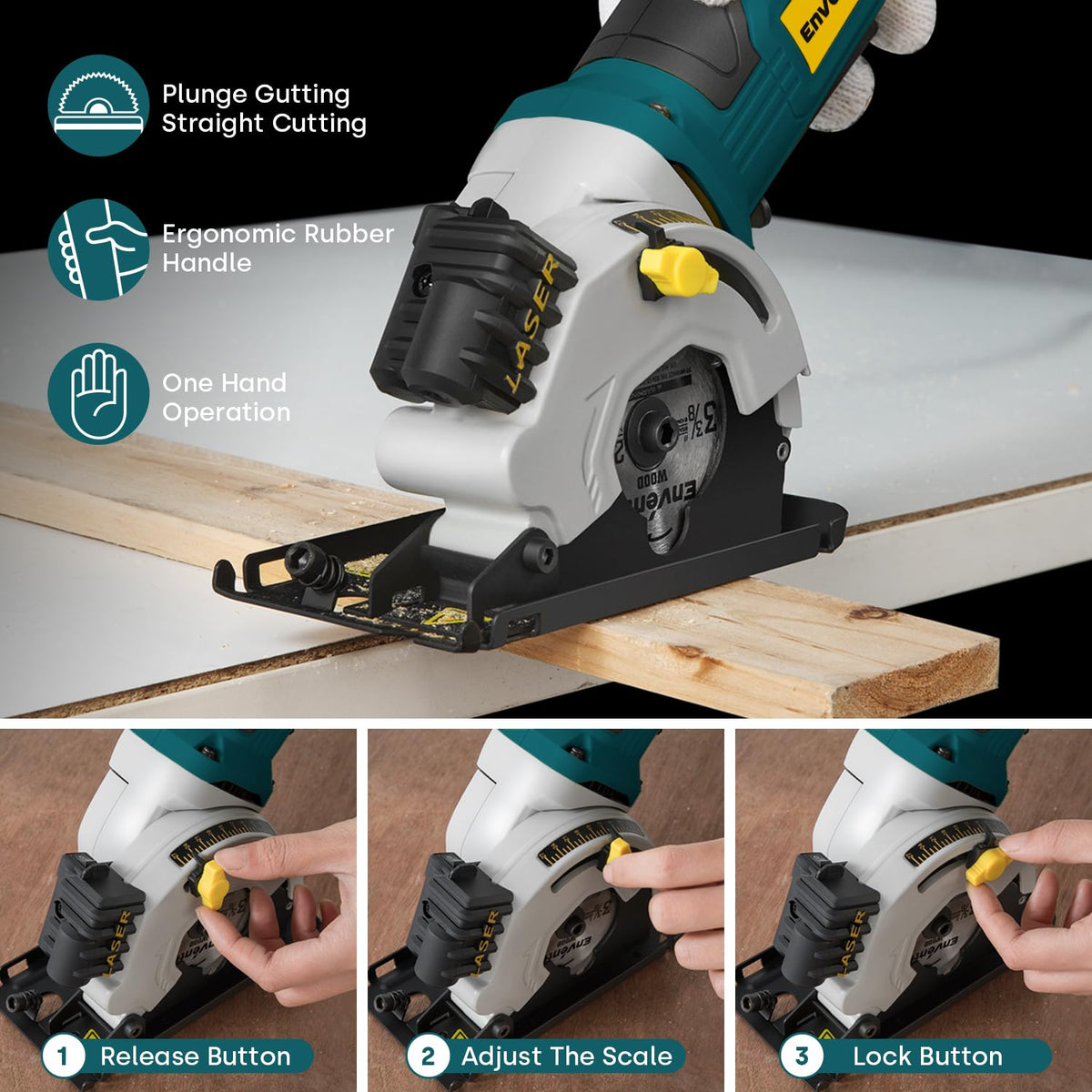 Enventor Mini Circular Saw – 4.8A Corded, Laser Guide, 4000 RPM, 1-1/16-in Depth, 3 Blades