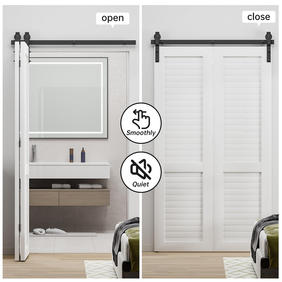 BONIKLUBA 36-Inch Bi-Folding Sliding Barn Door Hardware Kit – Smooth, Quiet, Side-M Mounted Black Rollers (Door Not Included)