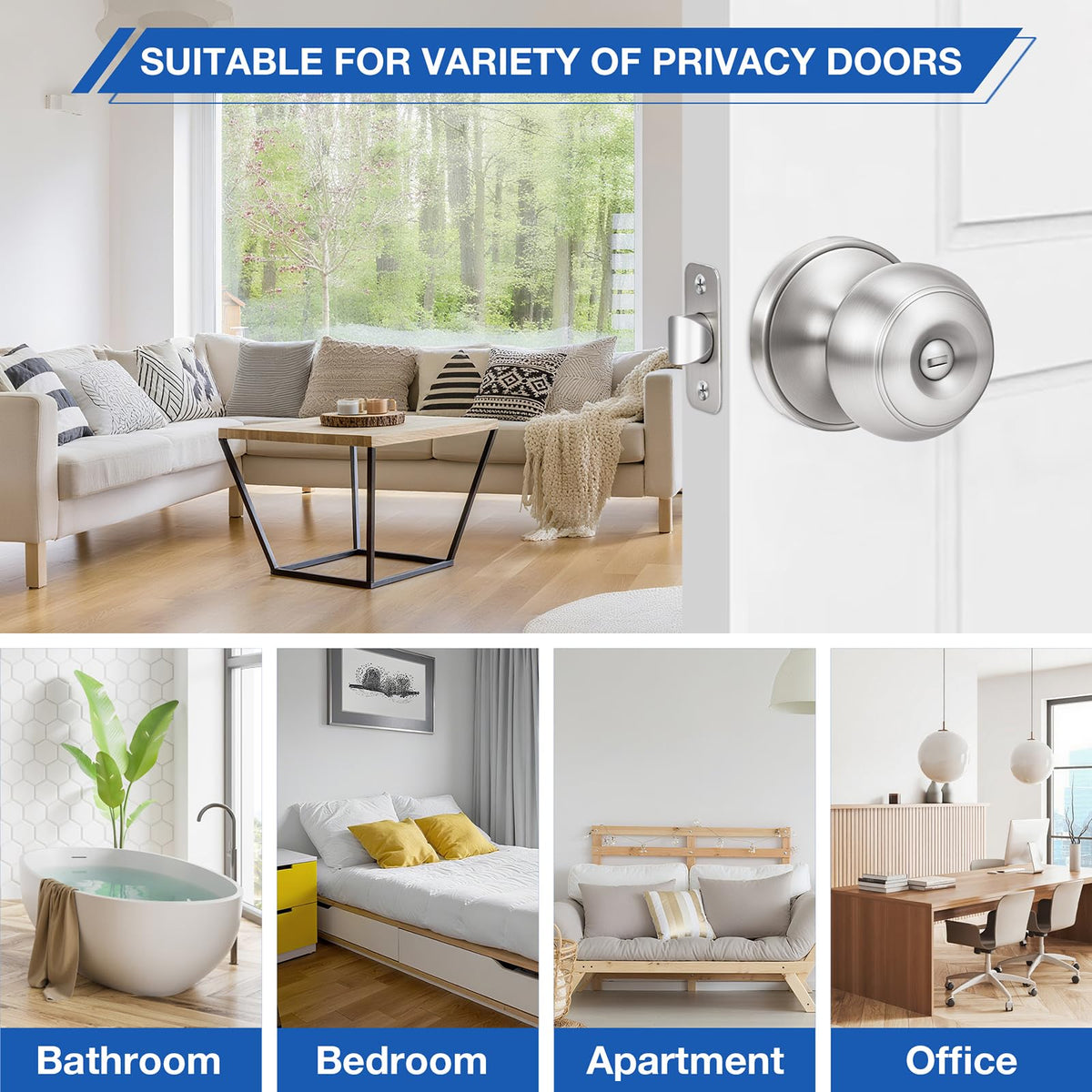 Plustool 5 Pack Brushed Nickel Privacy Door Knobs with Lock – Reversible Interior Doorknobs