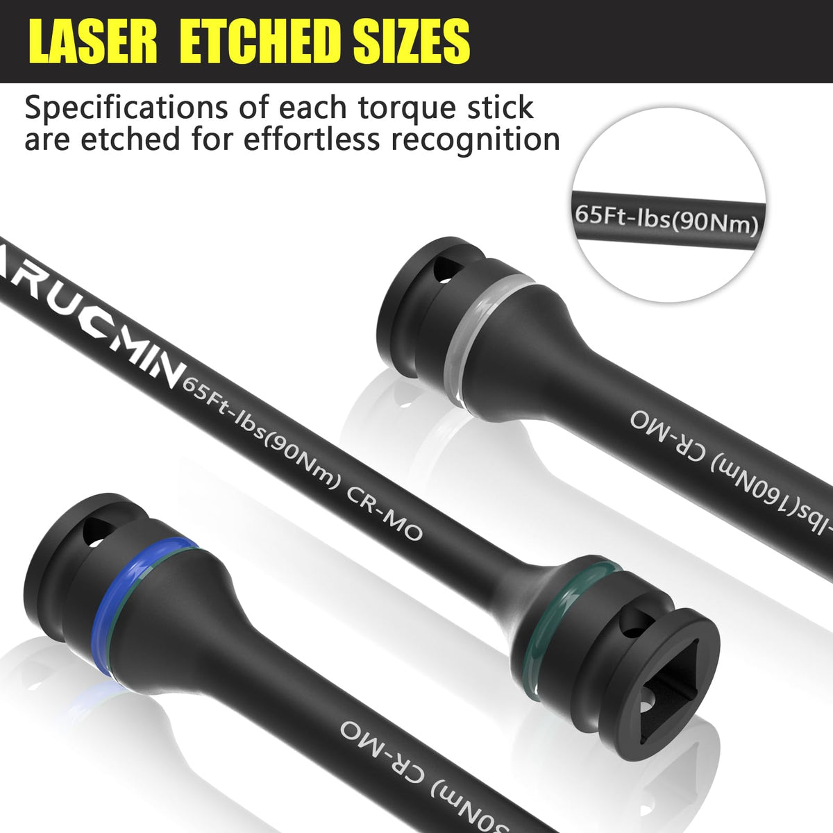ARUCMIN 1/2 Drive Torque Limiting Extension Bar Set – 10-Piece Lug Nut Torque Sticks 65-150 ft-lbs