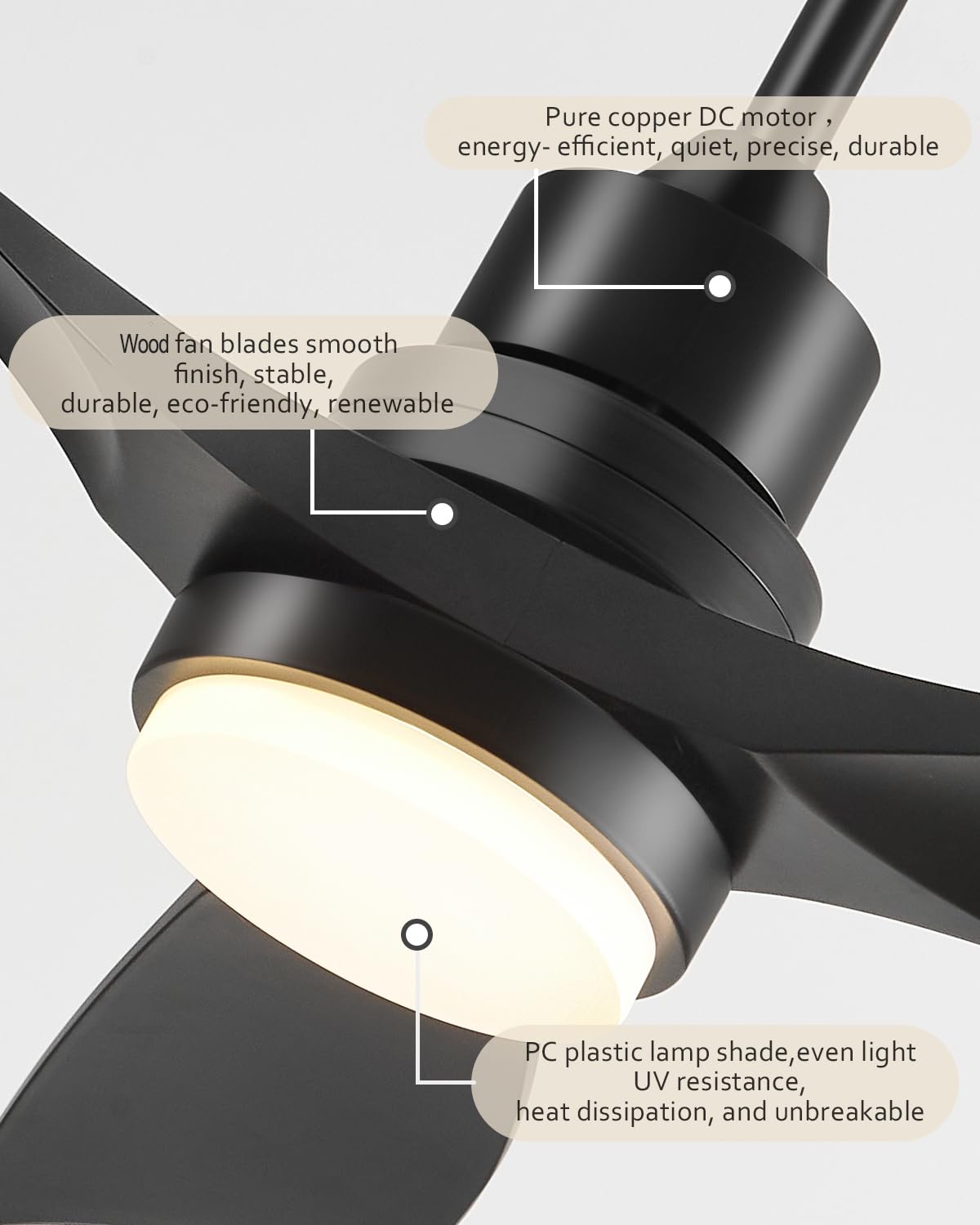 Forrovenco 52-Inch Black Ceiling Fan with Lights — Remote, 3 Downrods, Quiet DC Motor | 6500 CFM