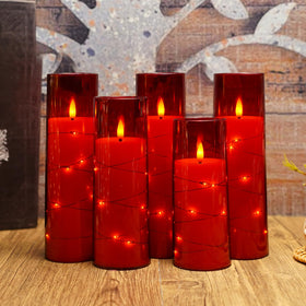 Eebuss Flameless Candles with Embedded Star String – 7‑Piece Red Set with Remote & Timer