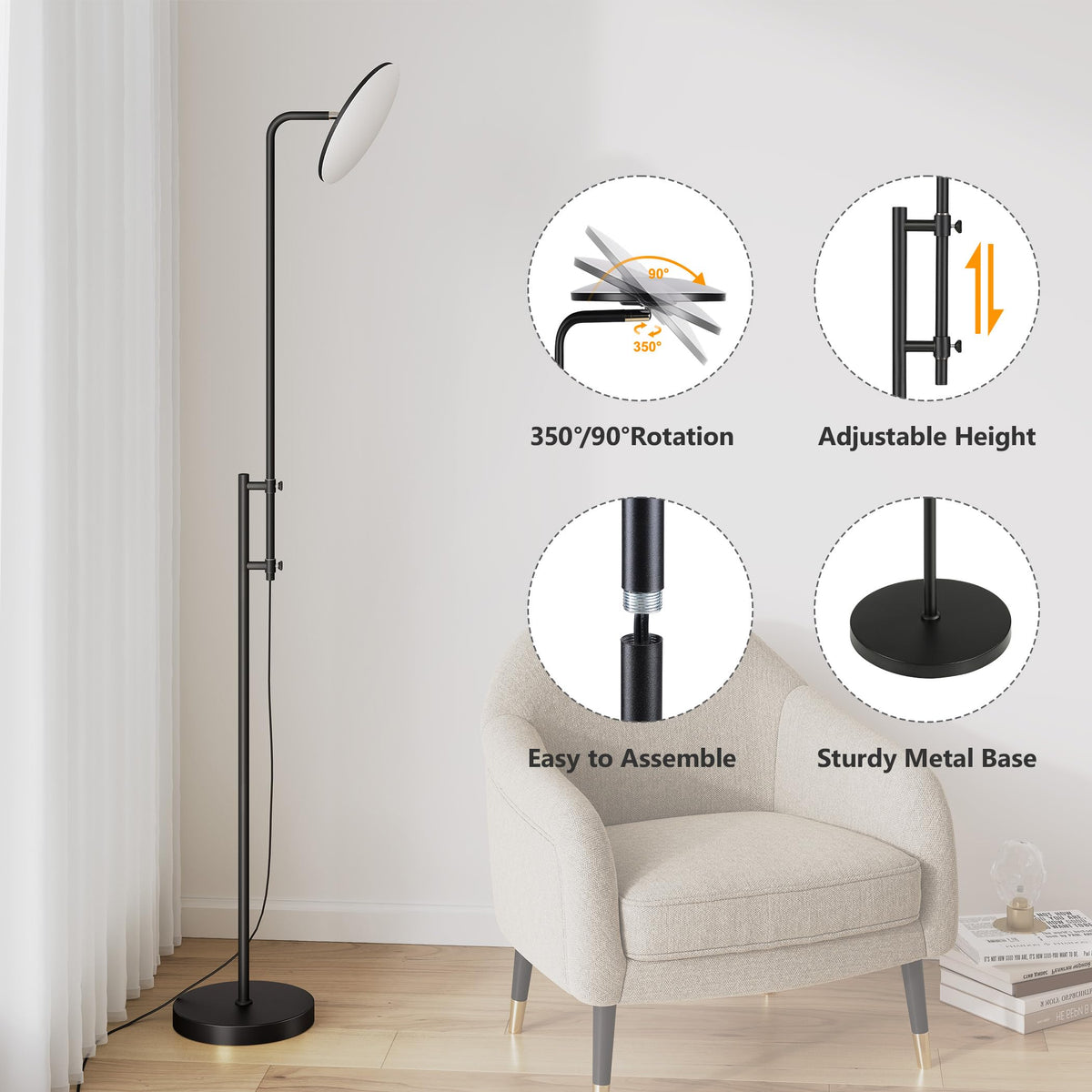 SUNMORY dimmable LED torchiere with 3000K–6000K warmth for mood and task lighting.