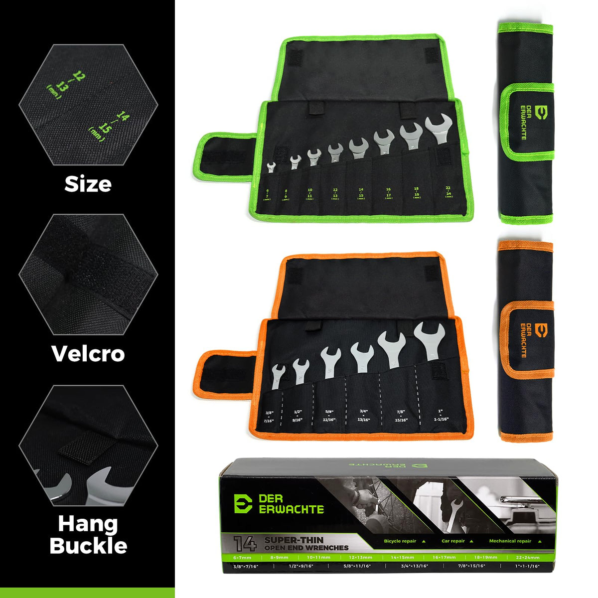 Der Erwachte Super-Thin Open End Wrench Set, 14-Piece SAE & Metric Sizes, 6mm to 24mm, 3/8" to 1-1/16", Ultra-Slim Wrench Set with Mechanic Rolling Pouch