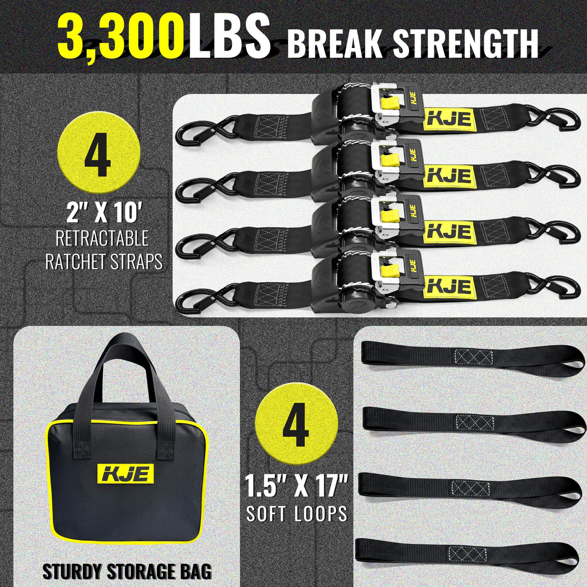KJE Retractable Ratchet Straps – 4x 2in x 10ft Sets + 4 Soft Loops, 3,300 lb Max, S-Hook with Clip