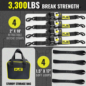 KJE Retractable Ratchet Straps – 4x 2in x 10ft Sets + 4 Soft Loops, 3,300 lb Max, S-Hook with Clip