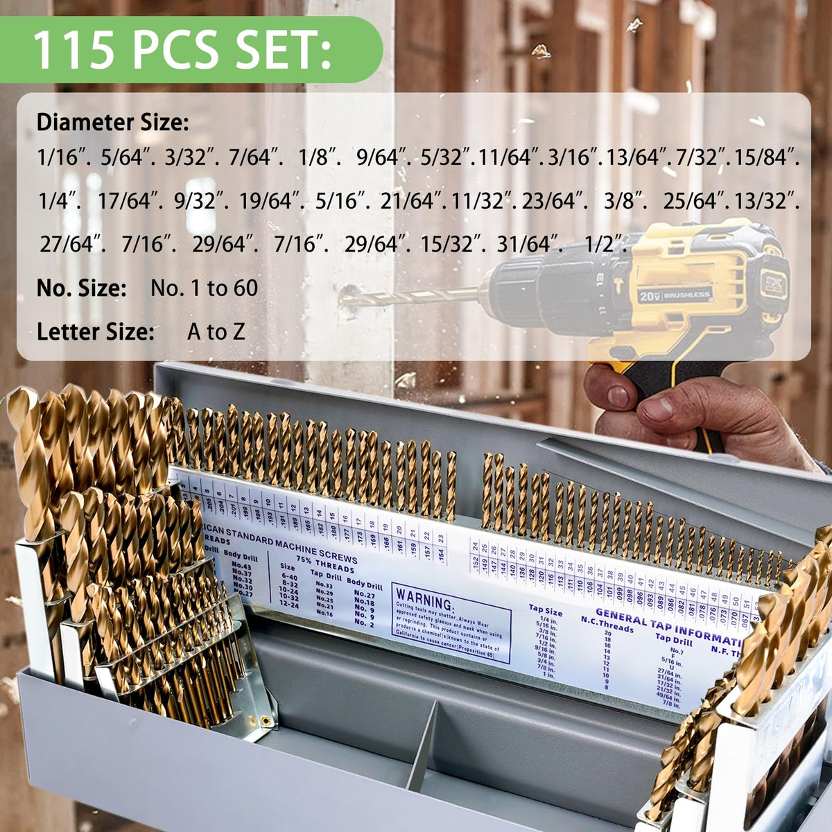 SEDIANAS Cobalt Drill Bit Set – 115Pcs M35 HSS for Hardened Metals, A-Z, #1-#60, 1/16-1/2 inch with Metal Index Box