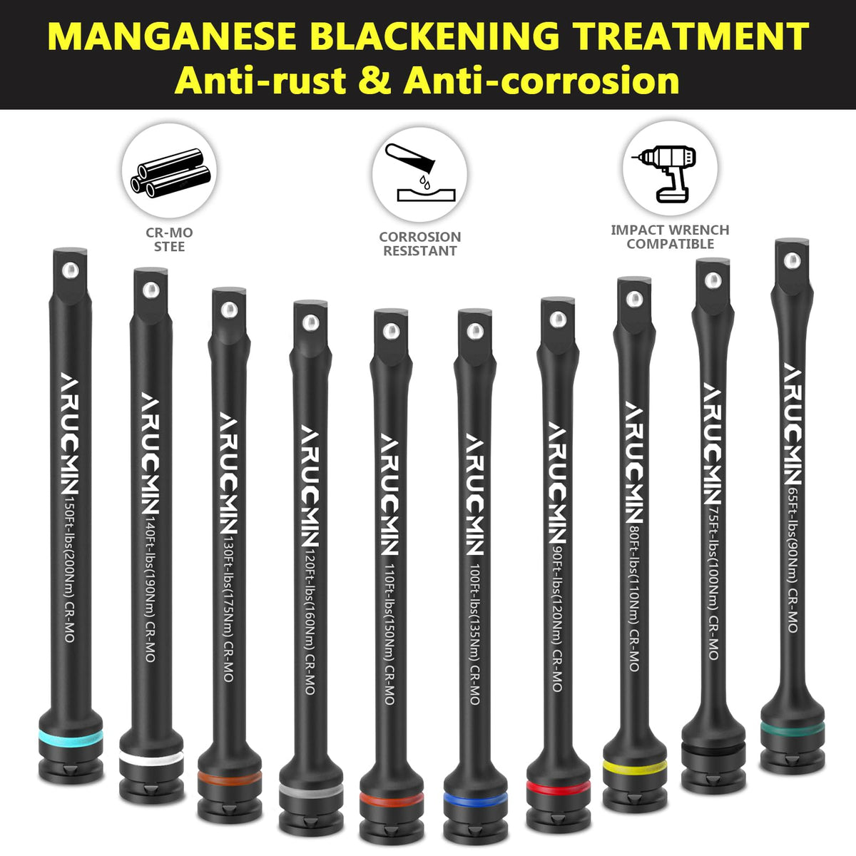 ARUCMIN 1/2 Drive Torque Limiting Extension Bar Set – 10-Piece Lug Nut Torque Sticks 65-150 ft-lbs