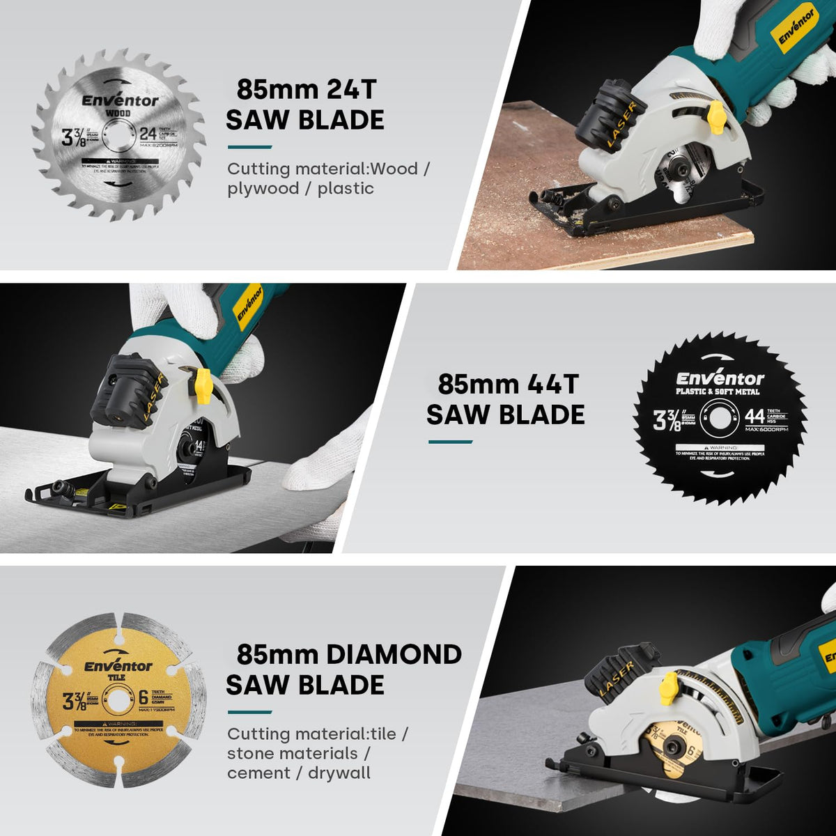 Enventor Mini Circular Saw – 4.8A Corded, Laser Guide, 4000 RPM, 1-1/16-in Depth, 3 Blades
