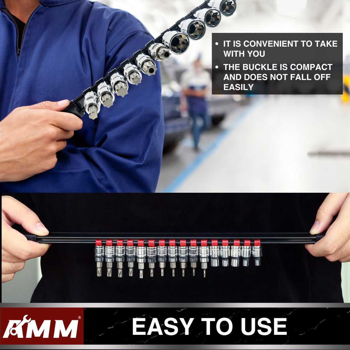 AMM 18-Piece Socket Organizer – Heavy-Duty ABS Rail for 1/2, 3/8, and 1/4 Inch Drives