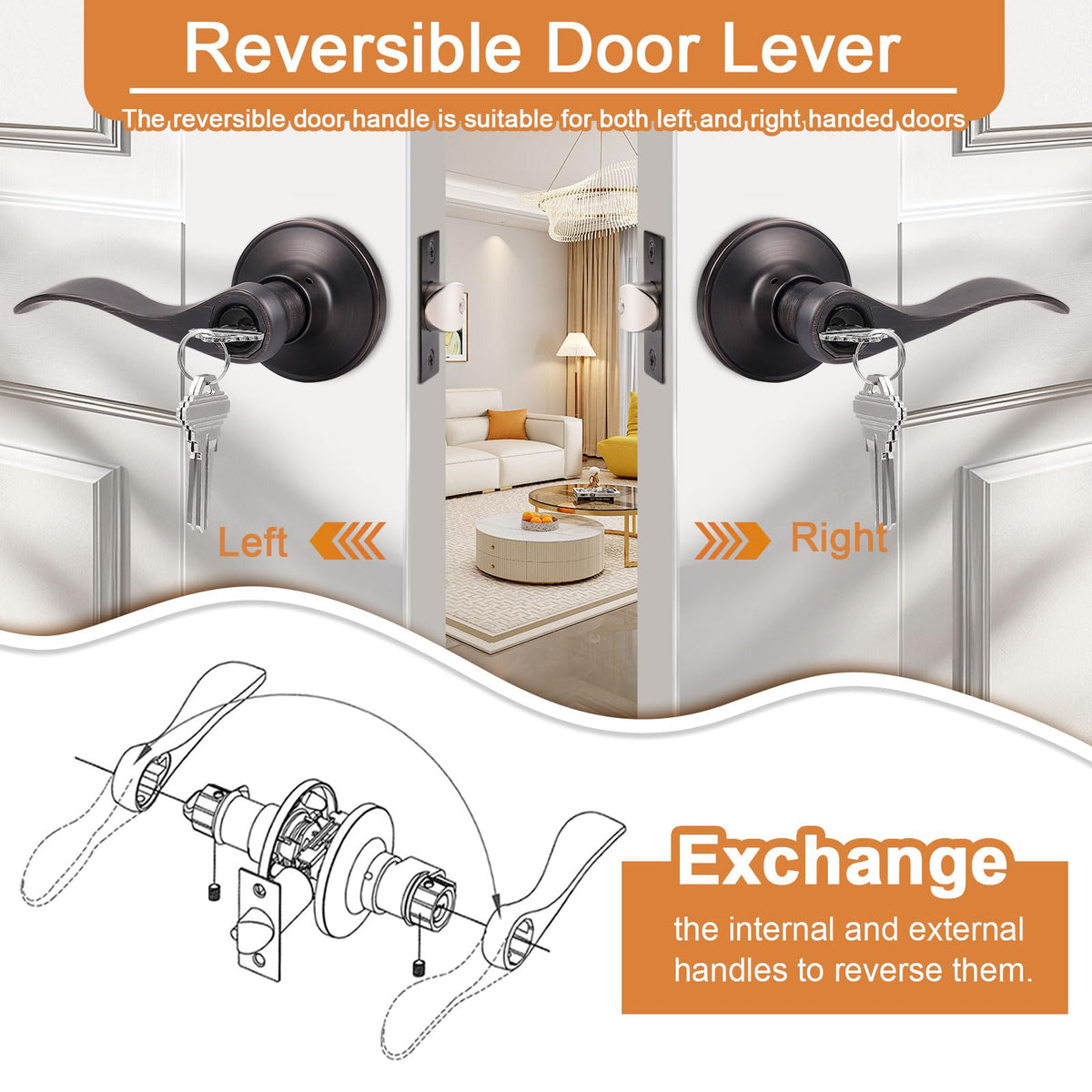 Probrico 2 Pack Entrance Lever Door Handles – Oil Rubbed Bronze, Keyed Alike, Reversible