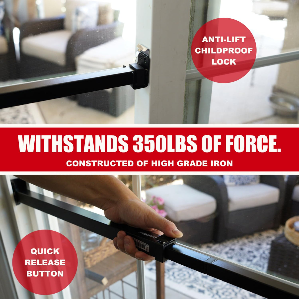 SECURITYMAN Sliding Door Security Bar – Adjustable Anti-Lift Lock (18.75-51.1) Black