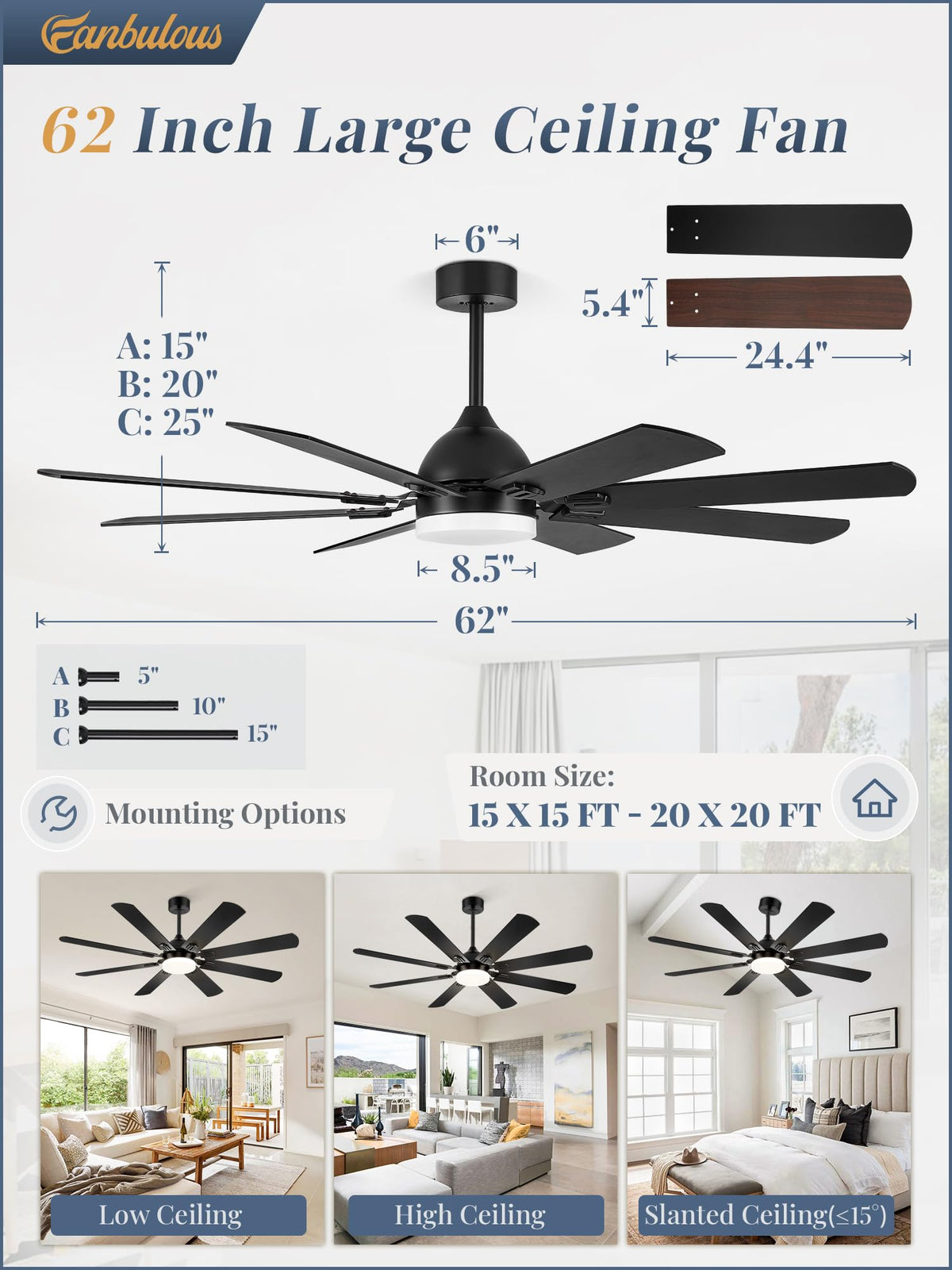 Fanbulous 62-Inch Ceiling Fan with Lights – Black, Remote, 8 Dual-Finish Blades