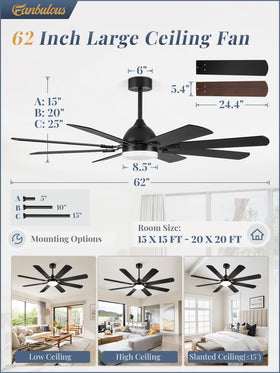 Fanbulous 62-Inch Ceiling Fan with Lights – Black, Remote, 8 Dual-Finish Blades