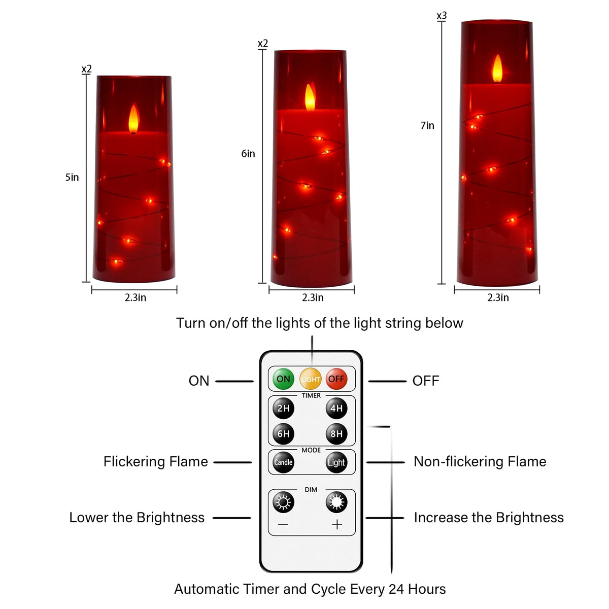 Eebuss Flameless Candles with Embedded Star String – 7‑Piece Red Set with Remote & Timer