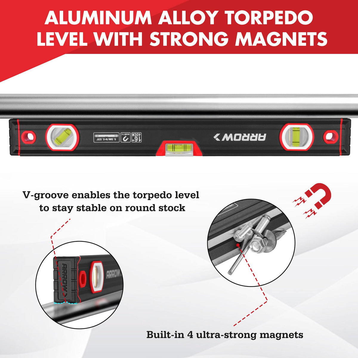 ARROW 16-Inch Magnetic Torpedo Level – 45°/90°/180° Bubbles, Aluminum Body | Arrow Fastener