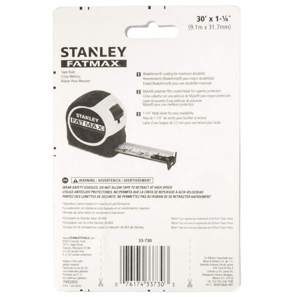 STANLEY FatMax 30 ft Tape Measure | 1-1/4 in Blade, Mylar-Coated, BladeArmor, 11 ft Standout, 16