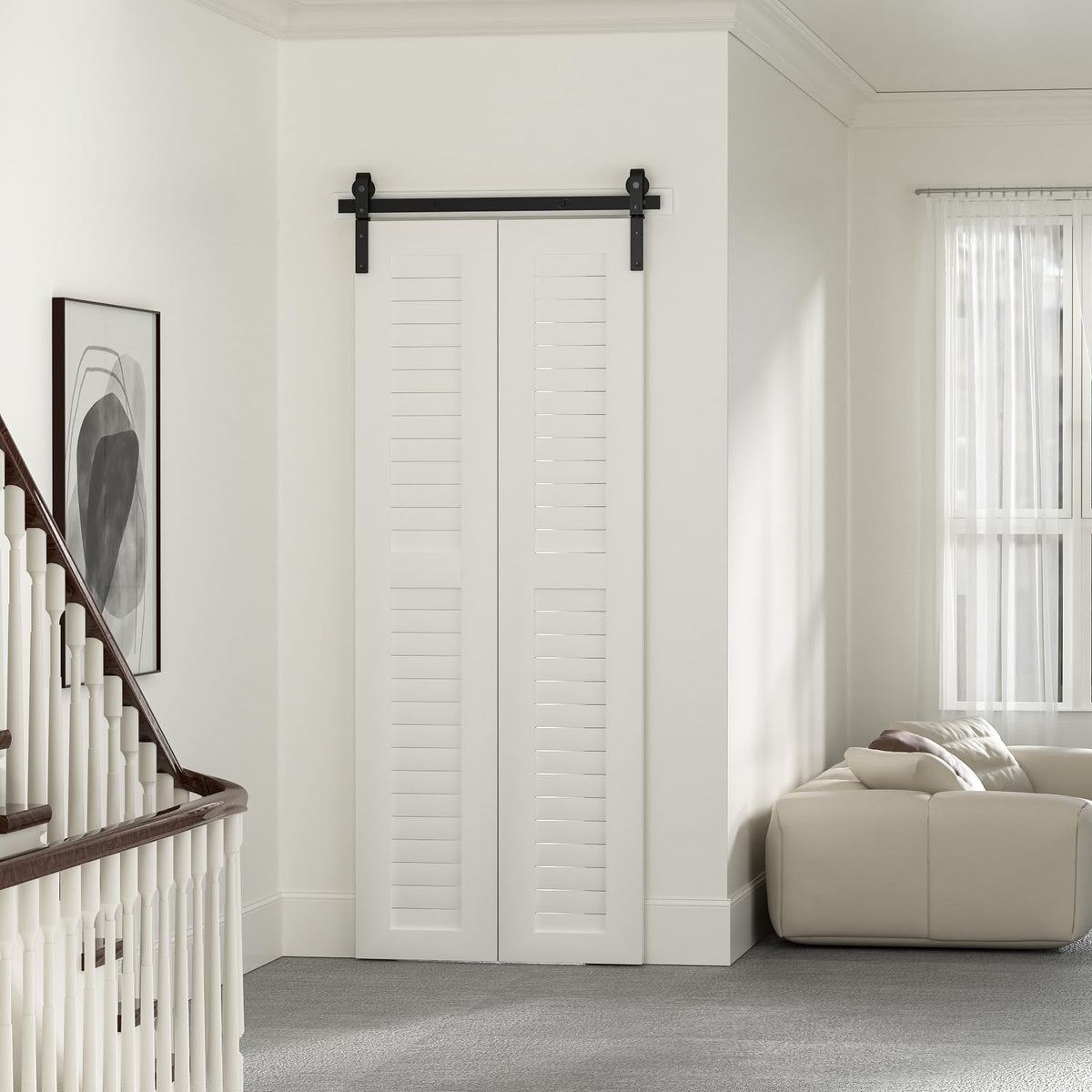 BONIKLUBA 36-Inch Bi-Folding Sliding Barn Door Hardware Kit – Smooth, Quiet, Side-M Mounted Black Rollers (Door Not Included)