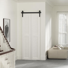 BONIKLUBA 36-Inch Bi-Folding Sliding Barn Door Hardware Kit – Smooth, Quiet, Side-M Mounted Black Rollers (Door Not Included)