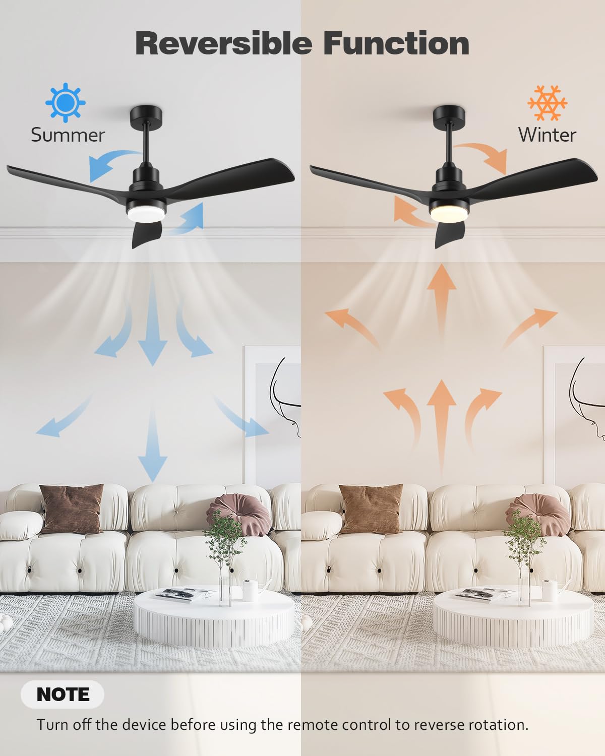Forrovenco 52-Inch Black Ceiling Fan with Lights — Remote, 3 Downrods, Quiet DC Motor | 6500 CFM