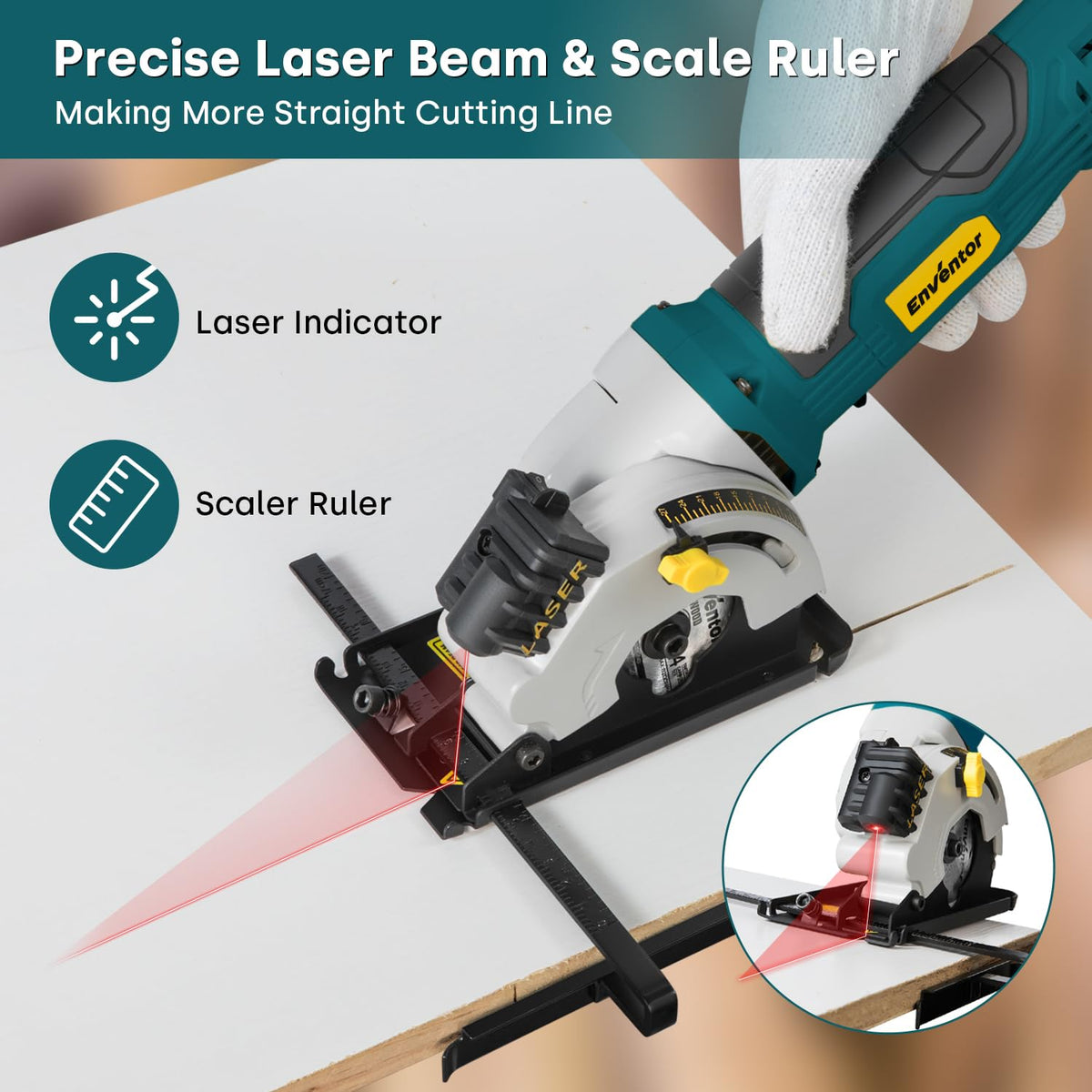 Enventor Mini Circular Saw – 4.8A Corded, Laser Guide, 4000 RPM, 1-1/16-in Depth, 3 Blades