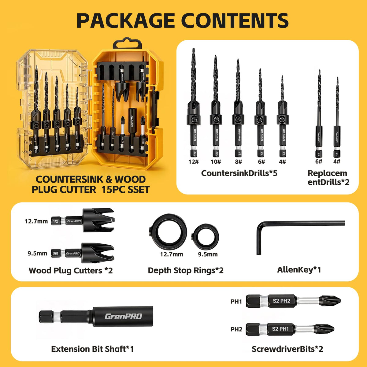GRENPRO 15-Piece Countersink Drill Bit Set | Nitro HSS, 1/4 in Hex Shank