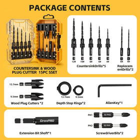GRENPRO 15-Piece Countersink Drill Bit Set | Nitro HSS, 1/4 in Hex Shank