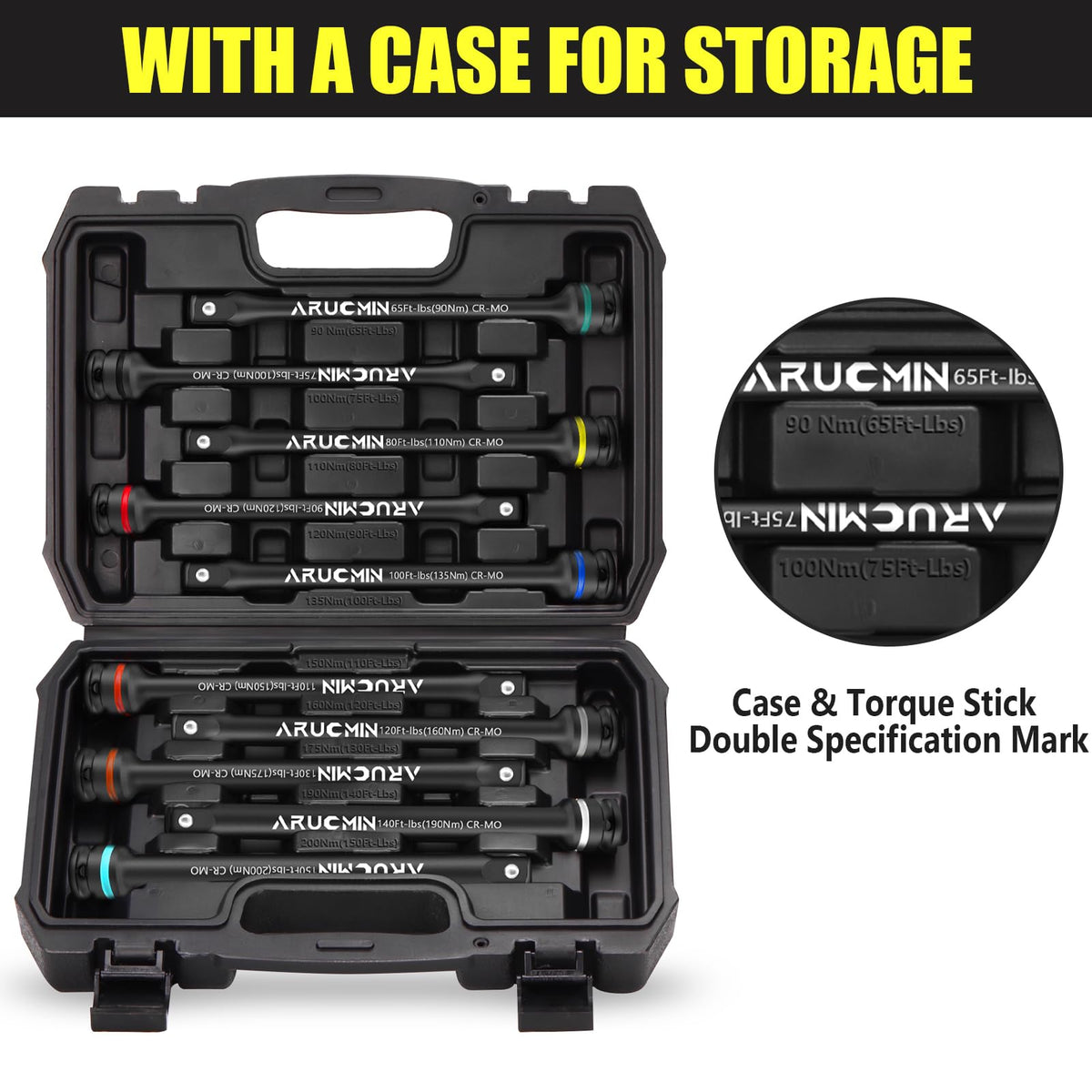 ARUCMIN 1/2 Drive Torque Limiting Extension Bar Set – 10-Piece Lug Nut Torque Sticks 65-150 ft-lbs