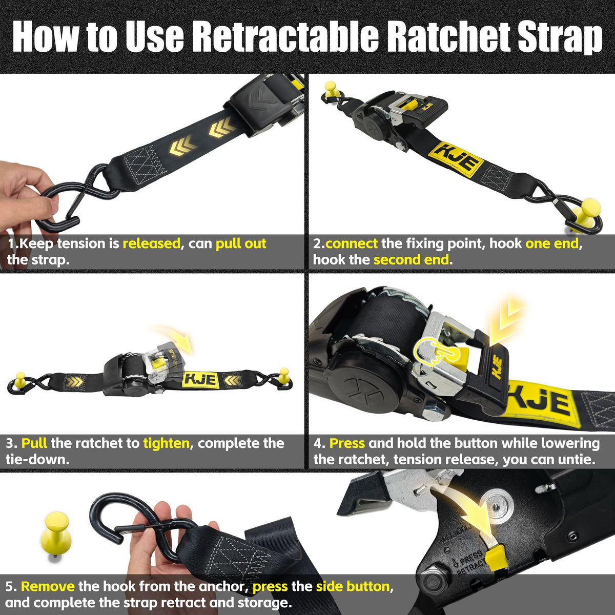 KJE Retractable Ratchet Straps – 4x 2in x 10ft Sets + 4 Soft Loops, 3,300 lb Max, S-Hook with Clip