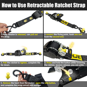 KJE Retractable Ratchet Straps – 4x 2in x 10ft Sets + 4 Soft Loops, 3,300 lb Max, S-Hook with Clip