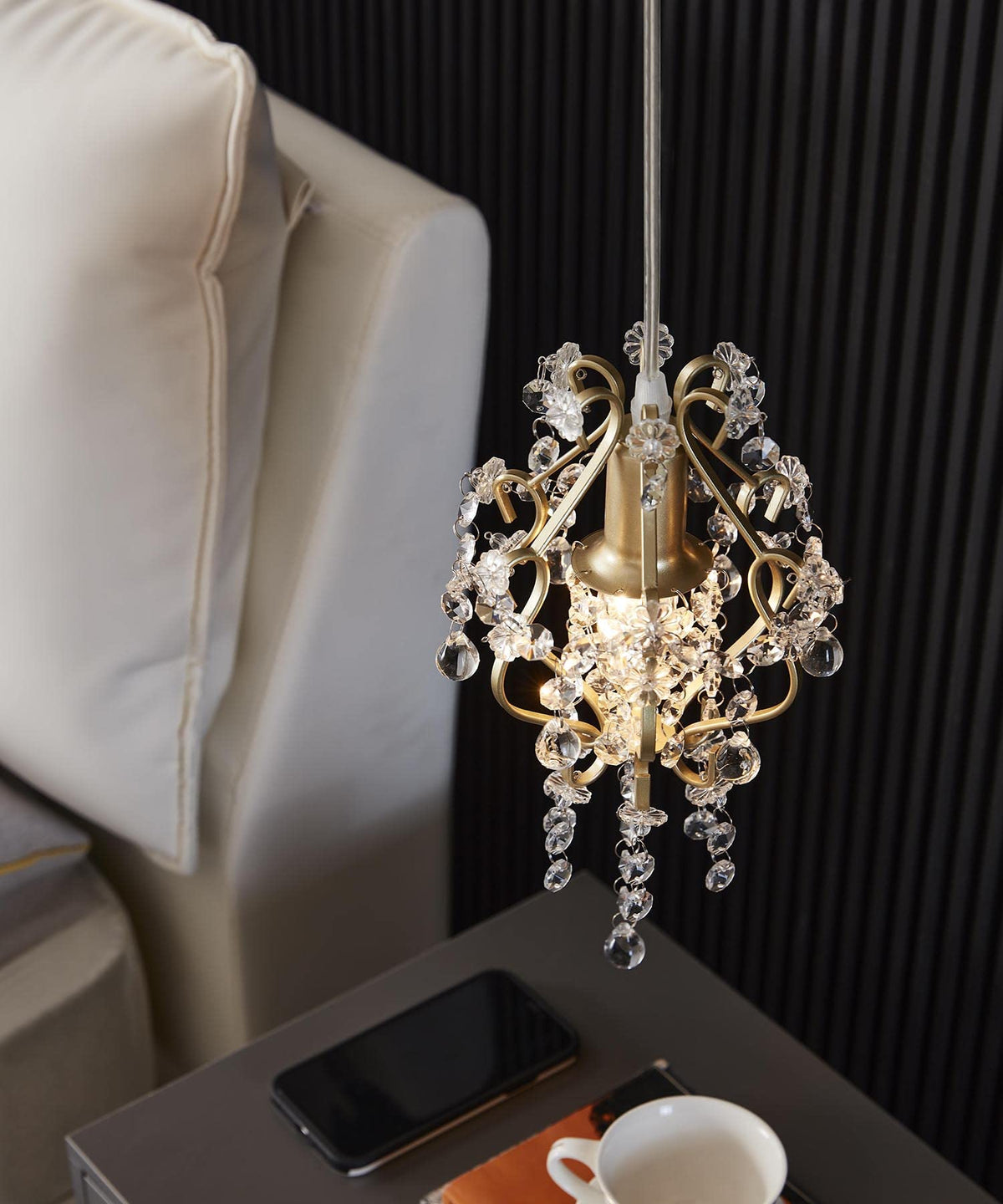 Surpars House Elegant Mini Chandelier Plug-In Crystal Pendant Light Golden