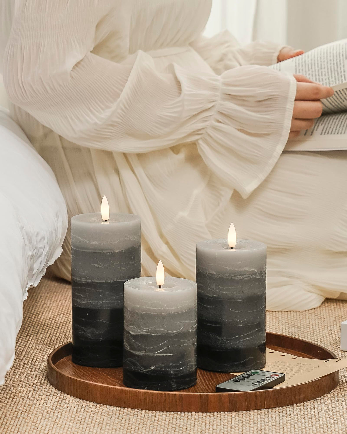 Stmarry Distressed Gradient Gray Flameless Candles (Set of 3) | Real Wax Pillar Candles, Remote & Timer