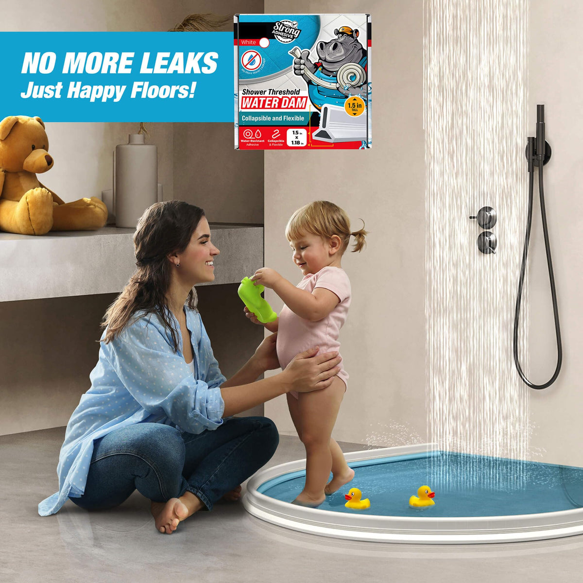 Hippo Dam Shower Threshold Water Dam Barrier 67-inch White – Collapsible Water Guard for Walk-In Showers