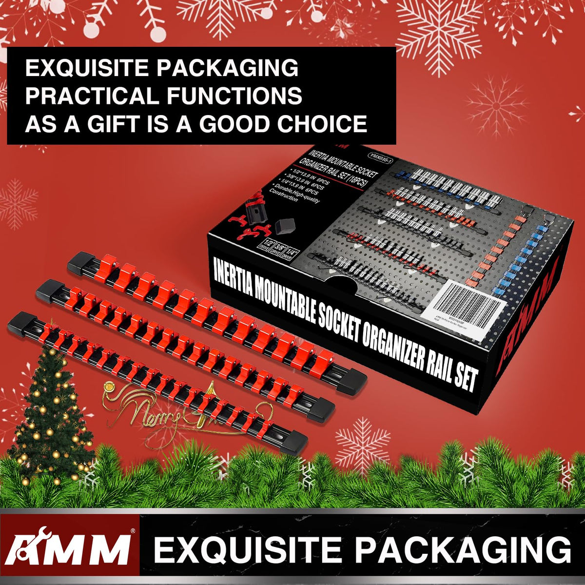 AMM 18-Piece Socket Organizer – Heavy-Duty ABS Rail for 1/2, 3/8, and 1/4 Inch Drives