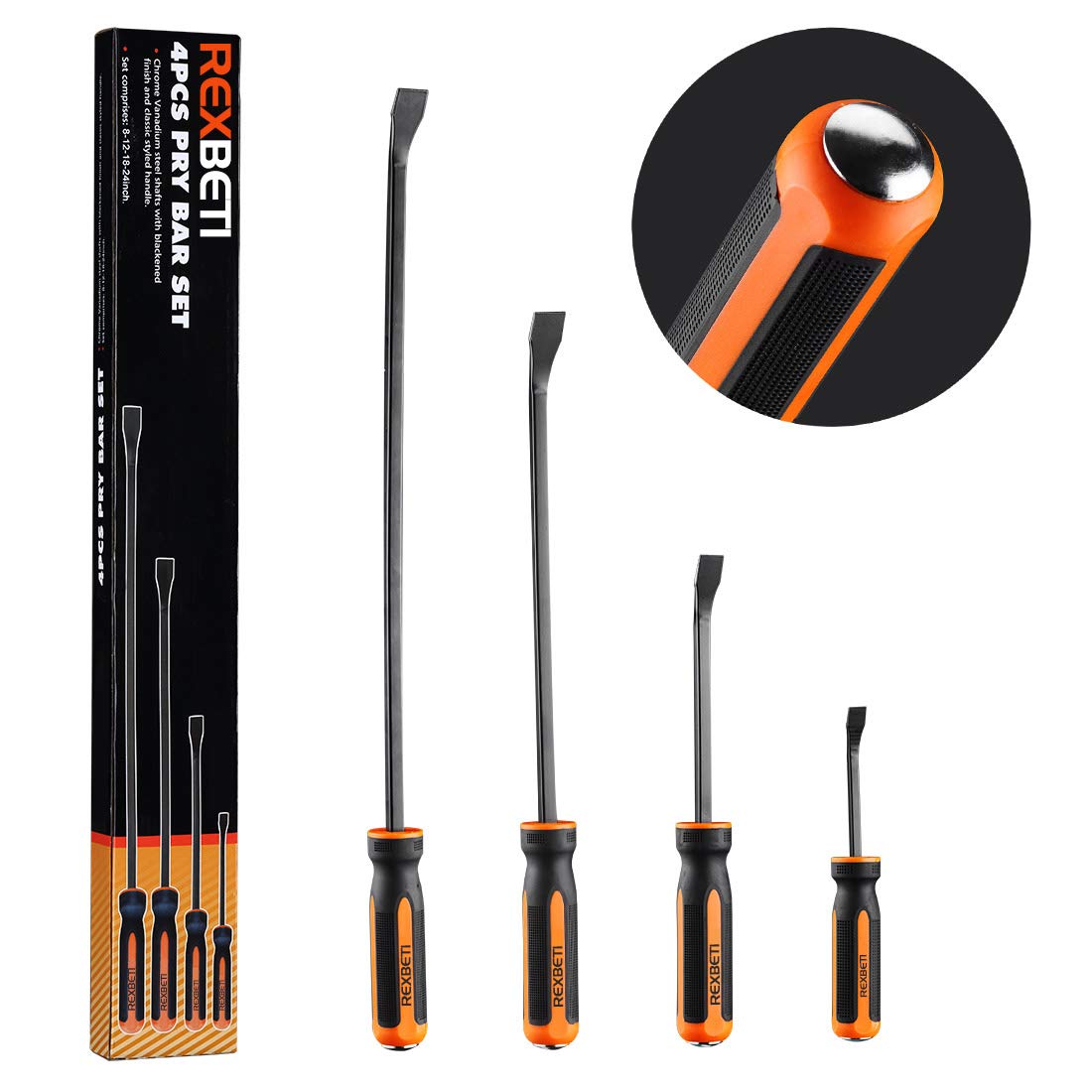 REXBETI Pry Bar Set – 4-Piece Heavy Duty Pry Bars (8, 12, 18, 24 in) with Thick Strike Cap