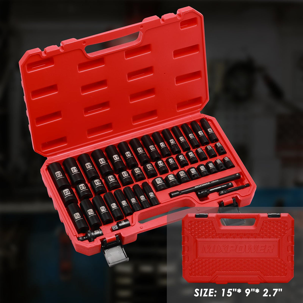 MIXPOWER 3/8 Drive Deep Impact Socket Set – 49 Pc SAE & Metric, 6-Point, CR-V Steel