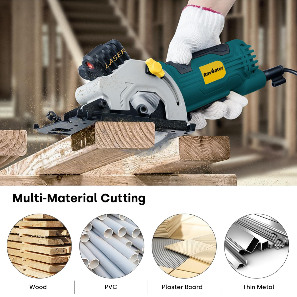 Enventor Mini Circular Saw – 4.8A Corded, Laser Guide, 4000 RPM, 1-1/16-in Depth, 3 Blades