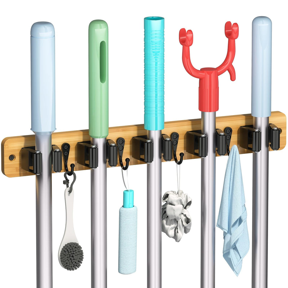 IMILLET broom holder wall mount with 5 clips and 4 hooks for organized cleaning tools