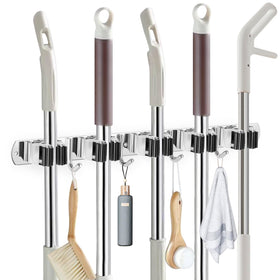 IMILLET broom holder wall-mounted with 5 racks and 4 hooks keeps tools organized and accessible