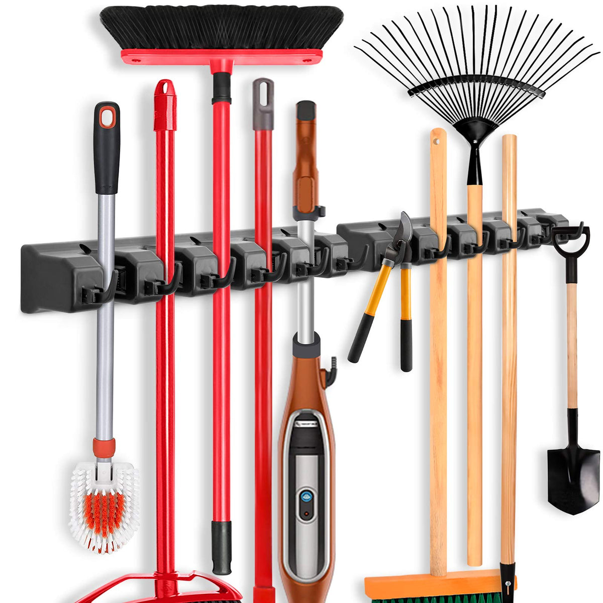 IMILLET mop and broom holder with five ball slots keeps tools securely organized.