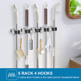 IMILLET wall-mount broom holder with five racks organizes mops, brooms, and brushes