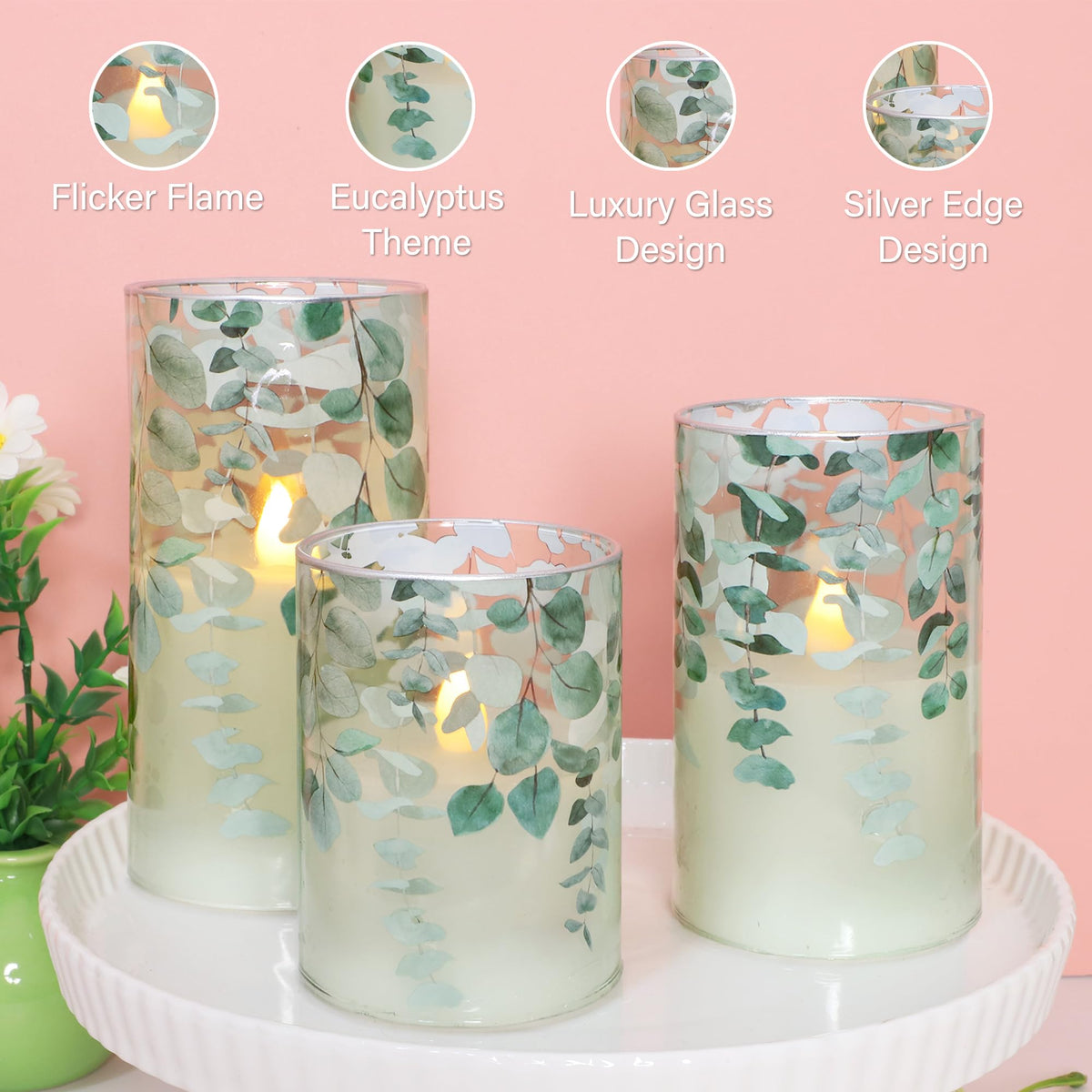 Immeiscent dining table candle creates mood with flickering battery-powered warmth.