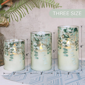 Immeiscent flameless candle with eucalyptus pattern adds natural table charm.