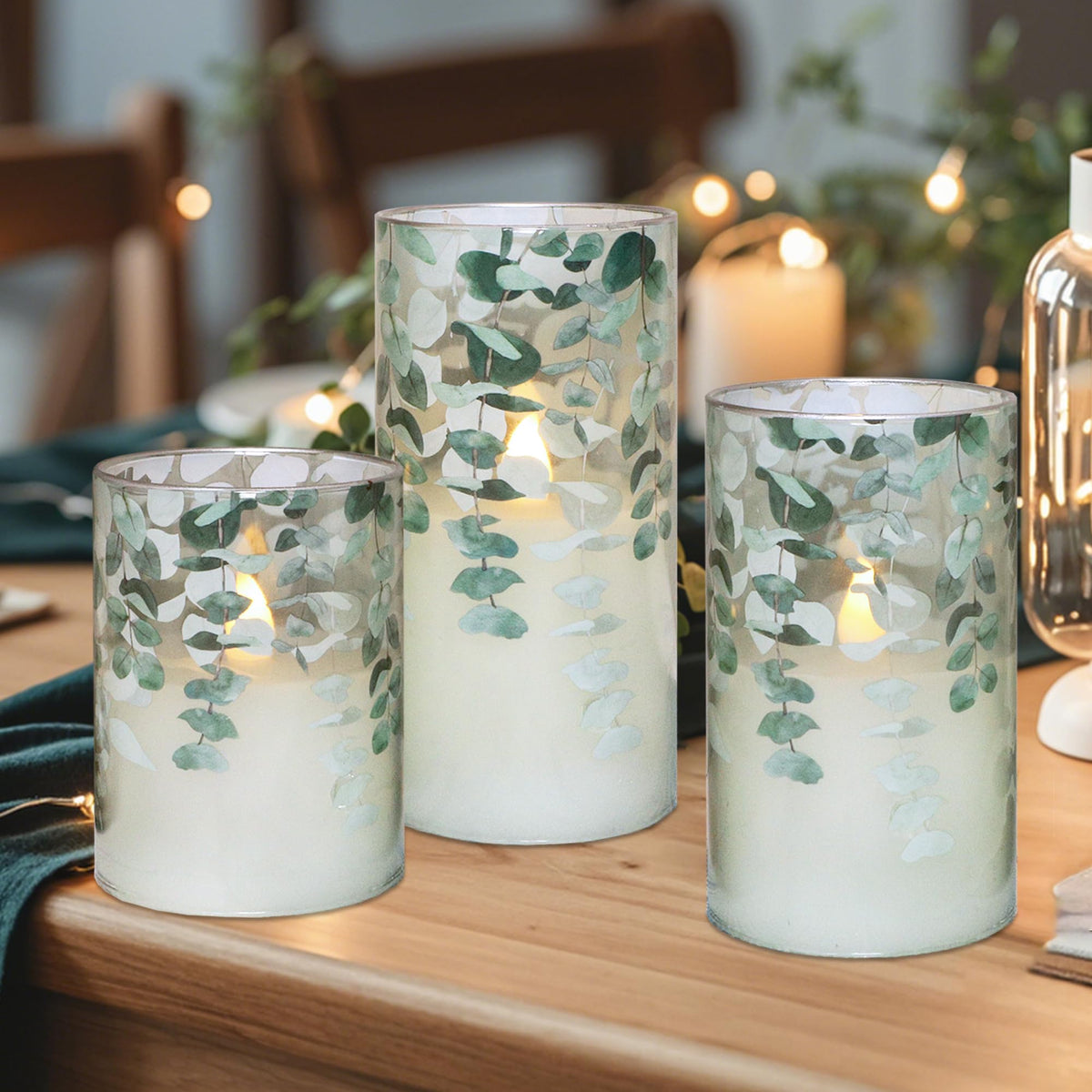 Immeiscent candles feature height variety to add depth to displays.