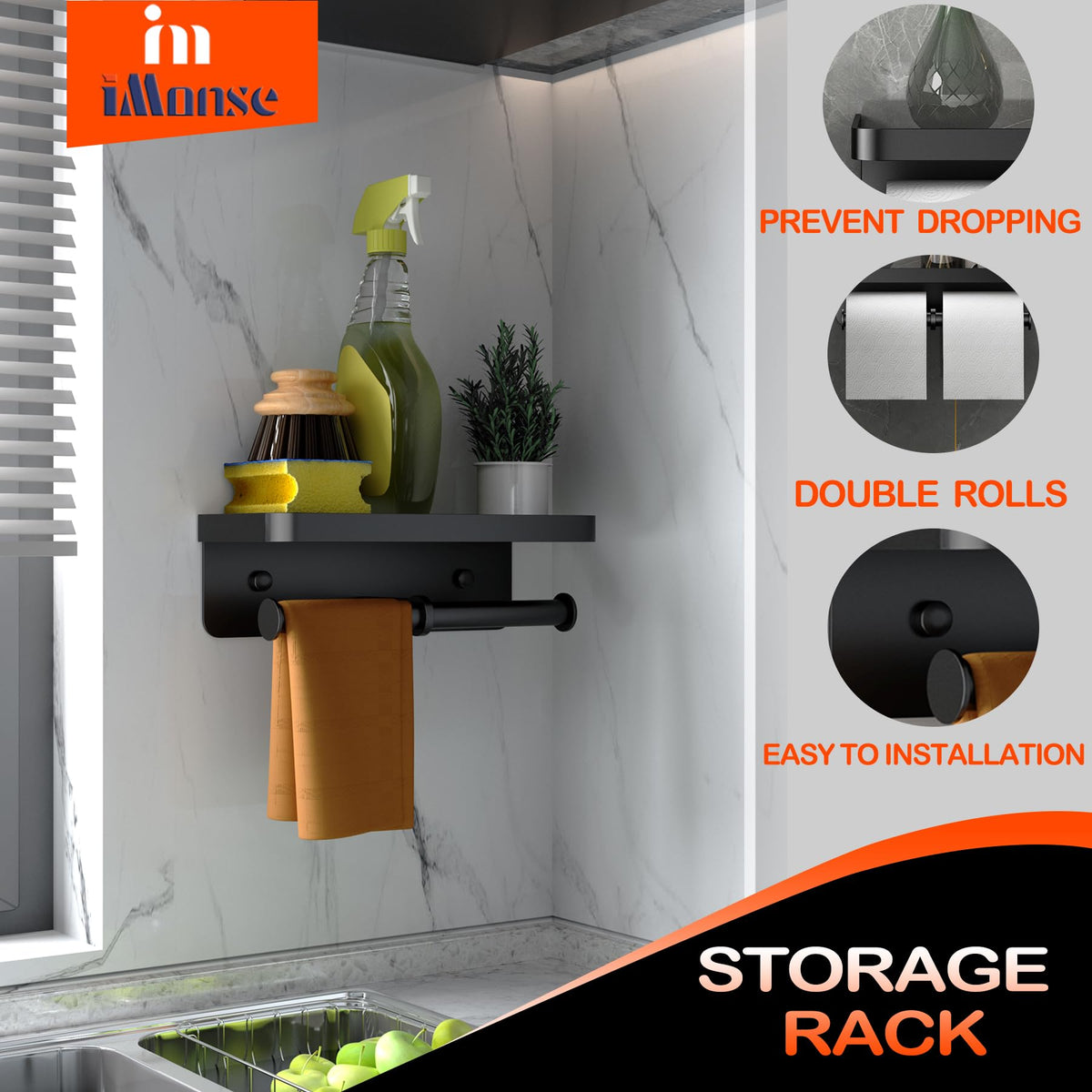 iMonse adhesive-install version closeup highlights rust-proof stainless steel and quick, tool-free mounting.