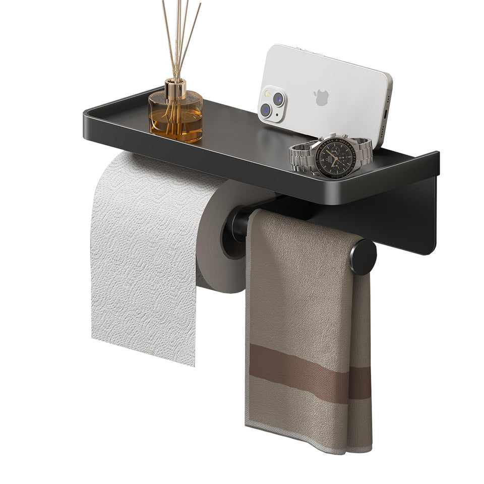 iMonse double toilet paper holder with shelf in front view offers easy access and organized storage.